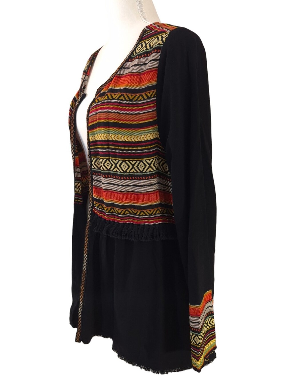 Umgee Open Front Cardigan Linen Blend Pockets Boho Tribal Tunic Fringe Sz Small - Picture 3 of 10